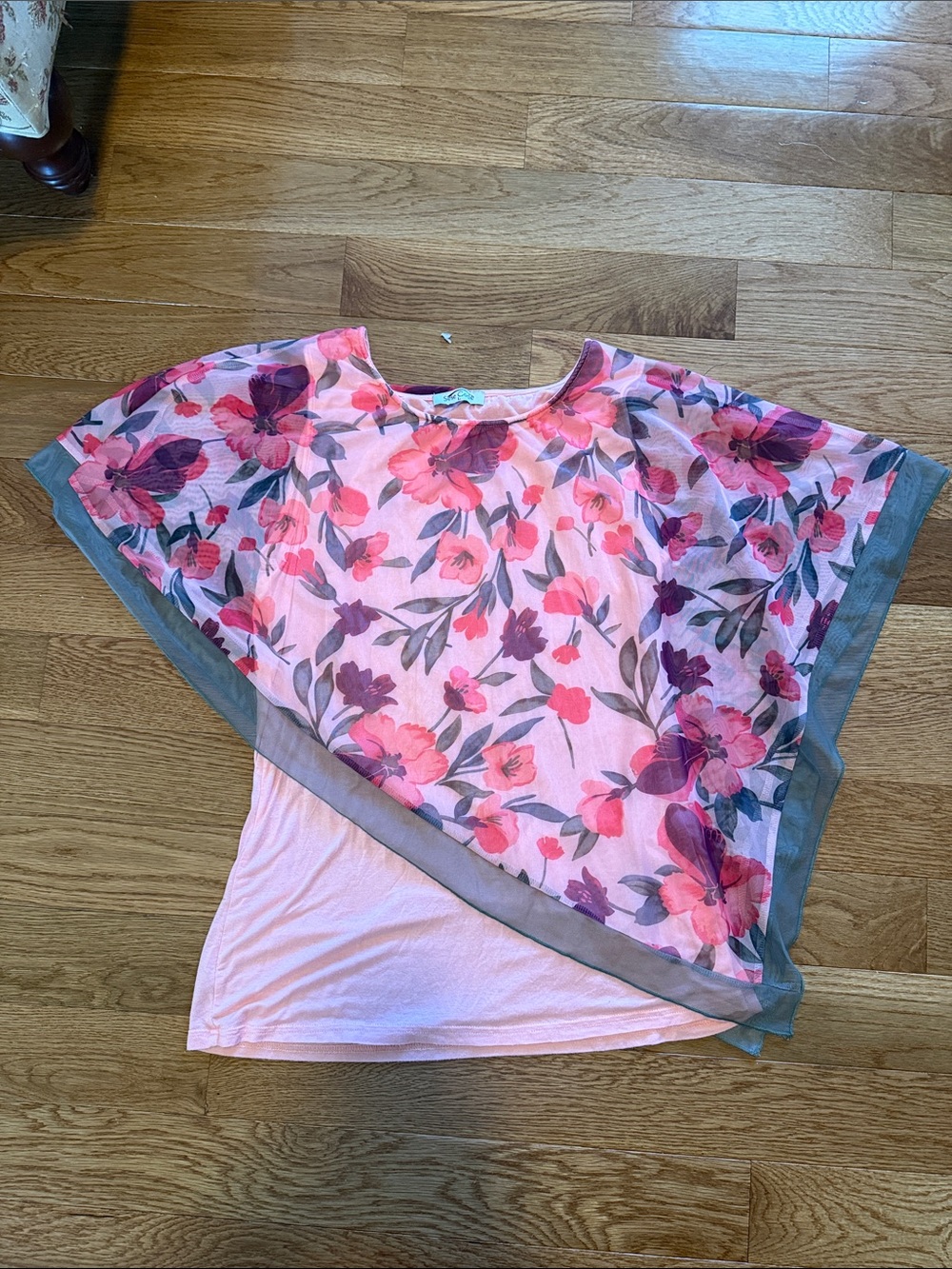 Light Pink Floral Sheer Overlay Tunic with Gray Trim